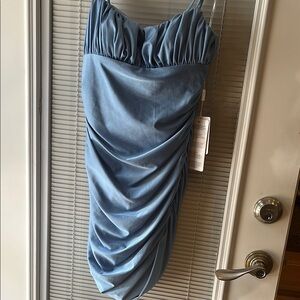 Blue Ruched Spaghetti Strap Mini Dress